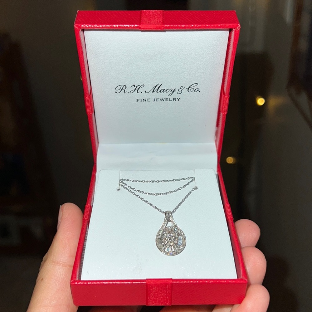 Macy and Co. diamond baguette cluster pendant necklace.
